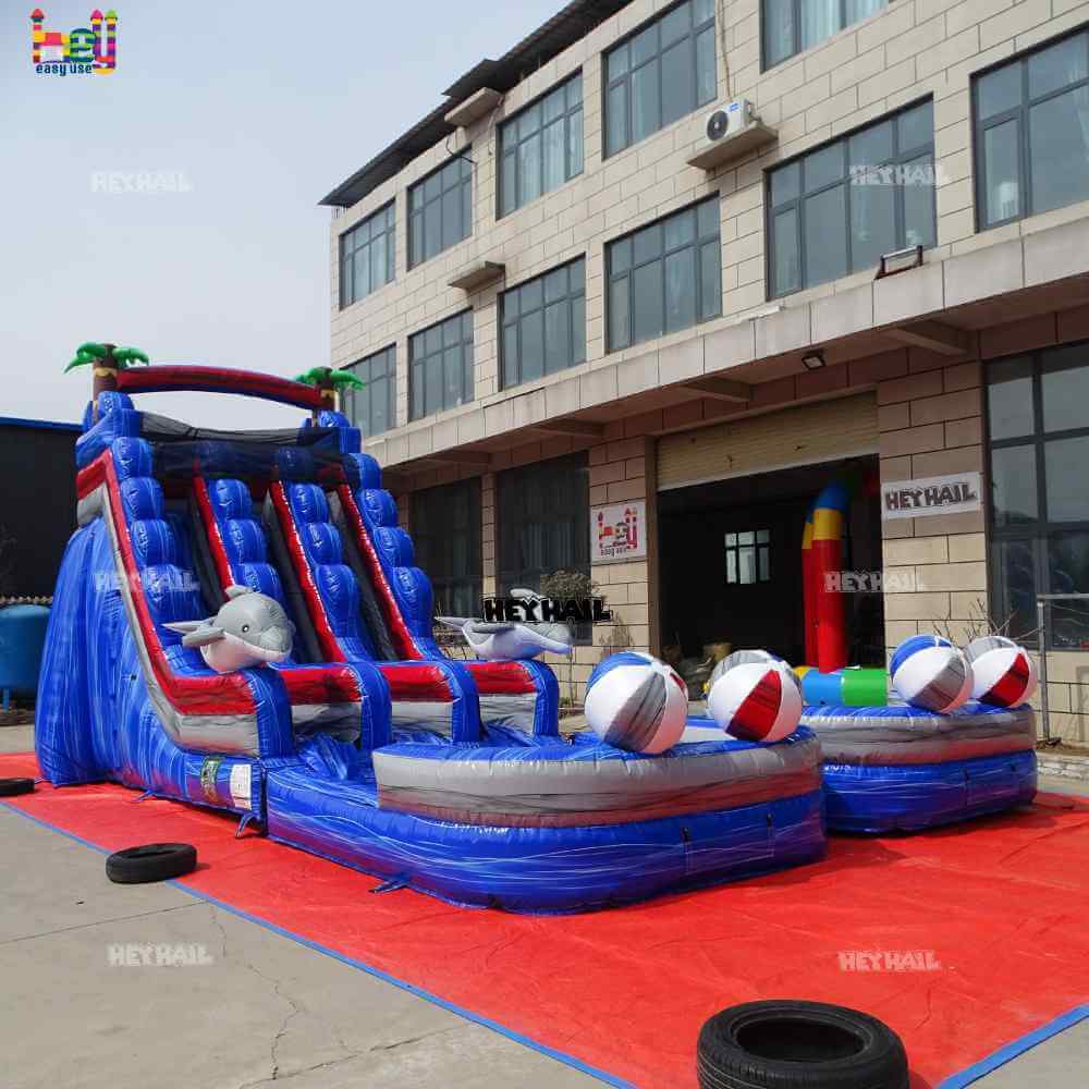 18ft Blue Dolphin Dual Lane Inflatable Water Slide with Pool – 30ft Long
