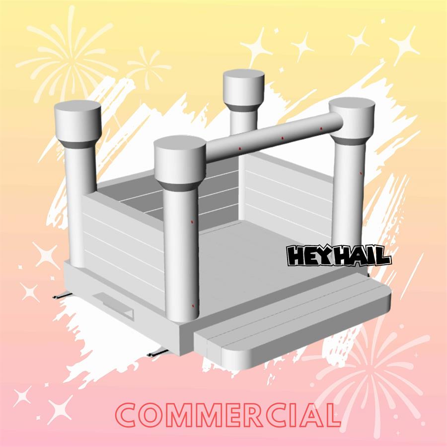 Illustrated white 13x13ft bounce house with rounded castle turrets, mesh side panels, and front entrance