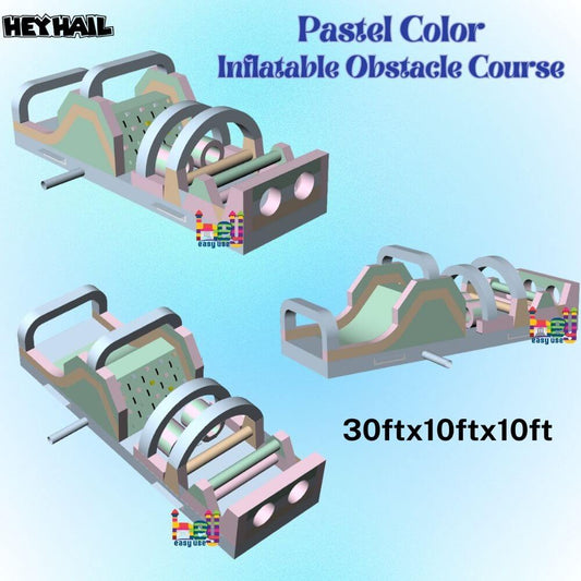 Two-view rendering of HJEZ-020 pastel inflatable obstacle course with arch tunnels, hurdles, and slide