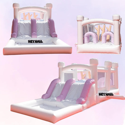 Product collage of a pastel inflatable obstacle course with dual slides, tunnels, and front pool area