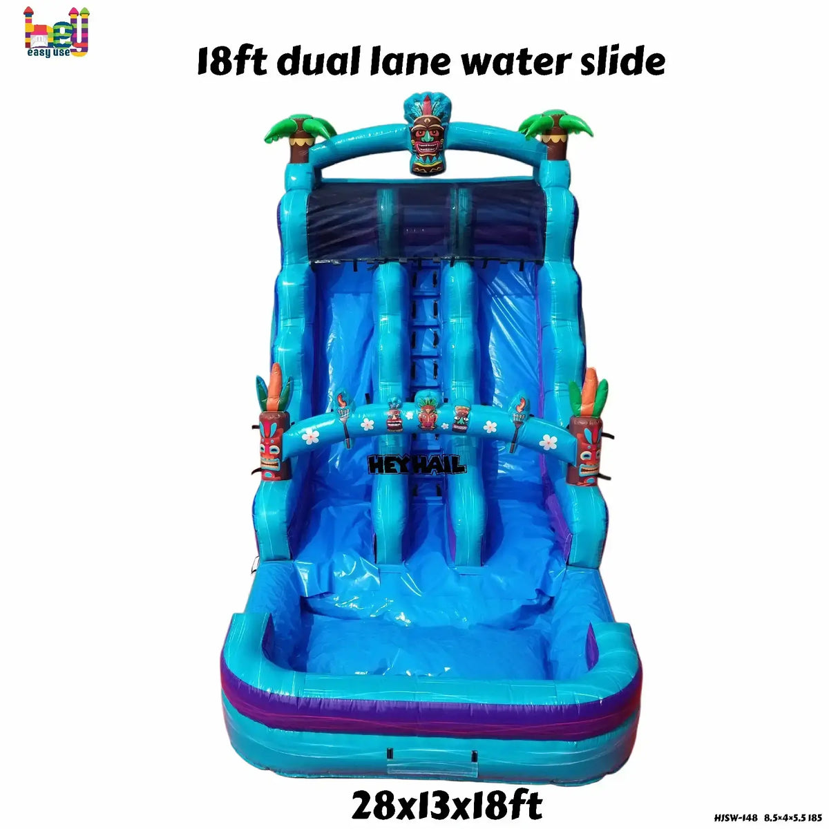 Front-view product graphic of a teal marble 18ft dual-lane inflatable water slide with palm-tree columns and a landing pool