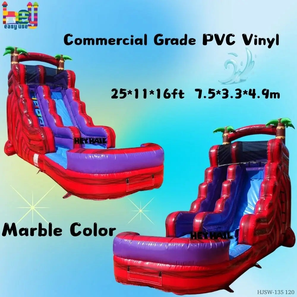 Product graphic showing two views of a red-and-purple front-load water slide with landing pool and 25 x 11 x 16 ft dimensions
