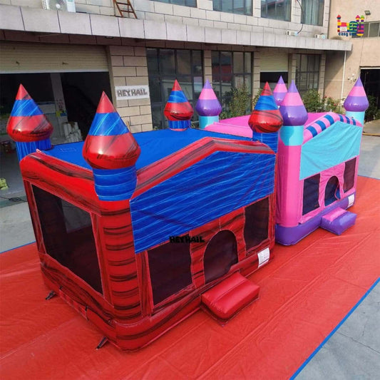 Marble Red 13 ft regular bounce house shown from front and side