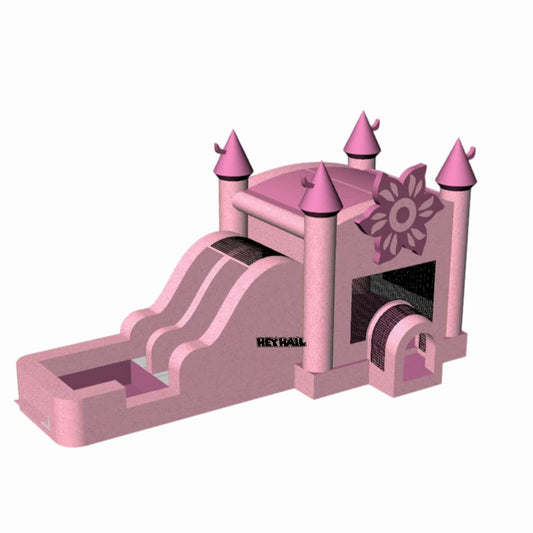Pink glitter castle bounce house with attached slide and splash pool, angled product view