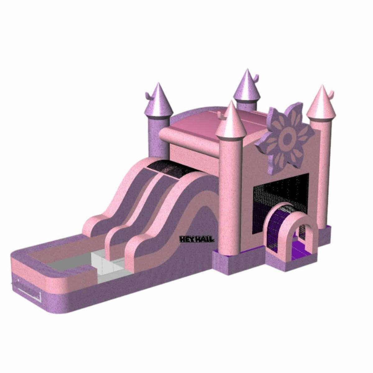 Pink and purple glitter castle bounce house with attached slide and splash pool, angled product view
