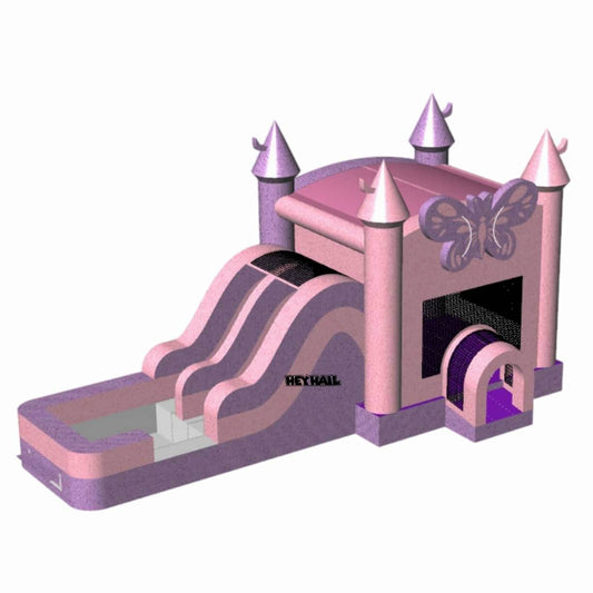 Pink glitter castle bounce house with slide, butterfly-front view with purple accents