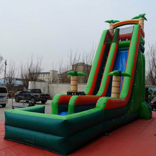 Front angle of HJSW-057 tropical commercial 22ft single lane water slide with pool
