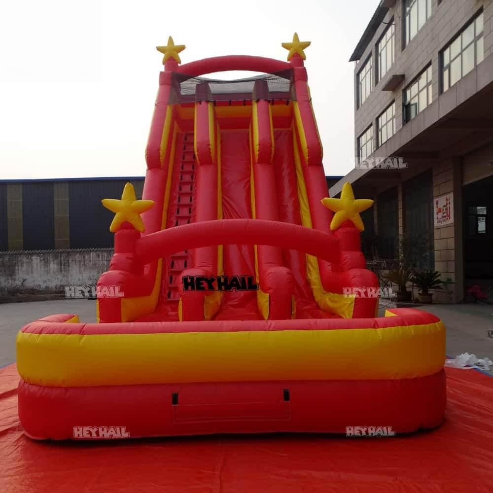 Front view of the red and yellow HJSW-082 dual-lane water slide 
