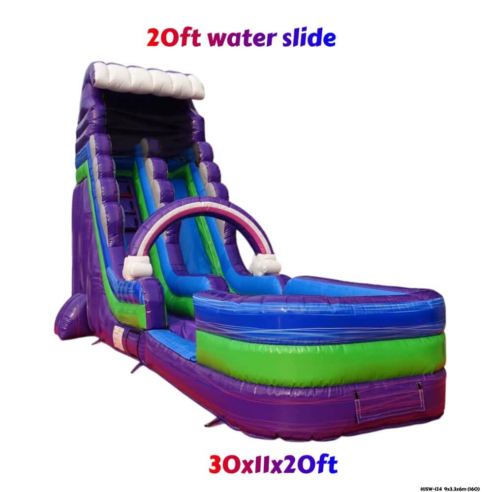 Purple 20ft single lane water slide with pool, front product view