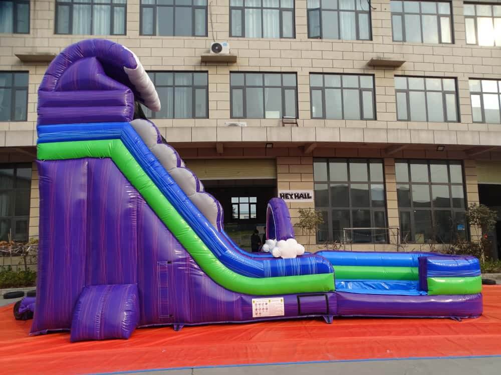 Side view of purple 20ft single lane water slide with pool at HEYHAIL factory