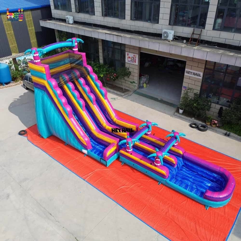 Aerial view of HJSW-147 22ft commercial double lane water slide with attached pool