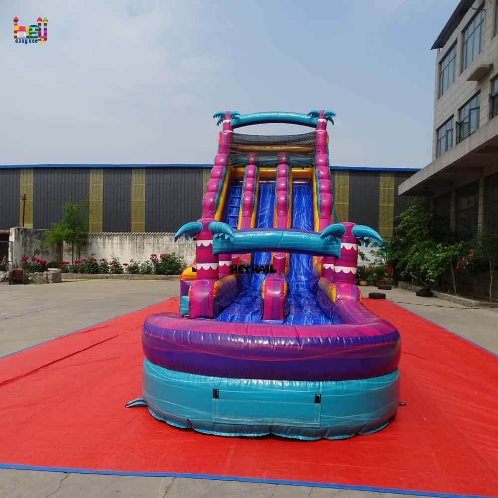 Front view of HJSW-147 22ft commercial double lane water slide with pool