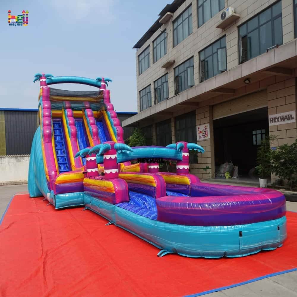 Side view of HJSW-147 22ft commercial double lane water slide with attached pool