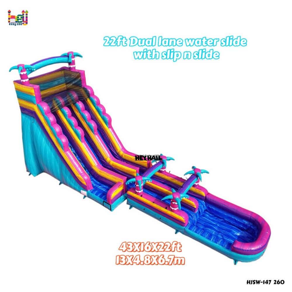 HJSW-147 22ft double lane water slide with pool showing 43 x 16 x 22 ft dimensions