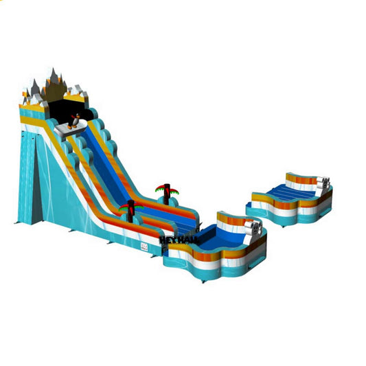 Front angled view of HJSW-175 24 ft water slide with blue, turquoise, orange, and white details