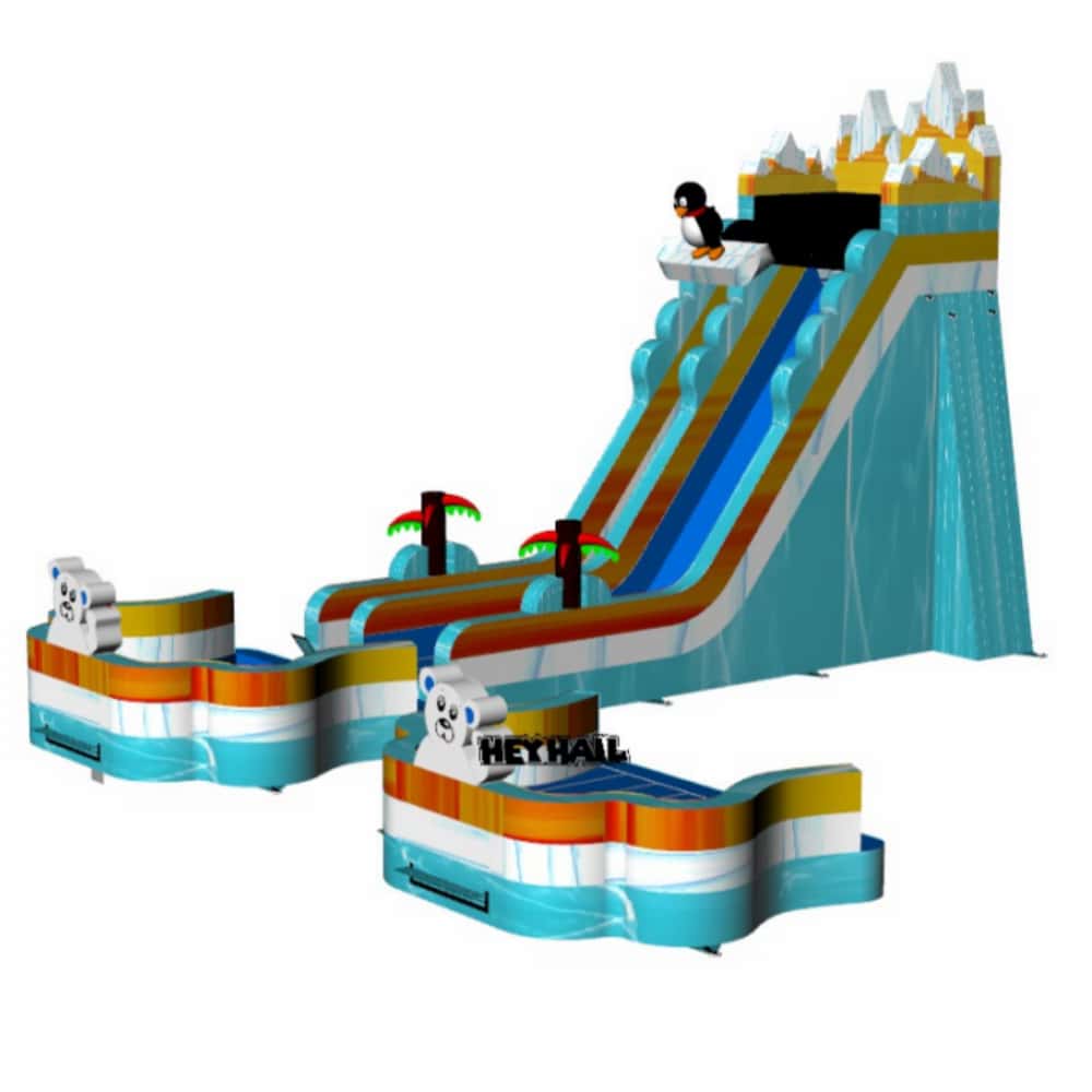 Rear angled view of HJSW-175 24 ft water slide with blue, turquoise, orange, and white details
