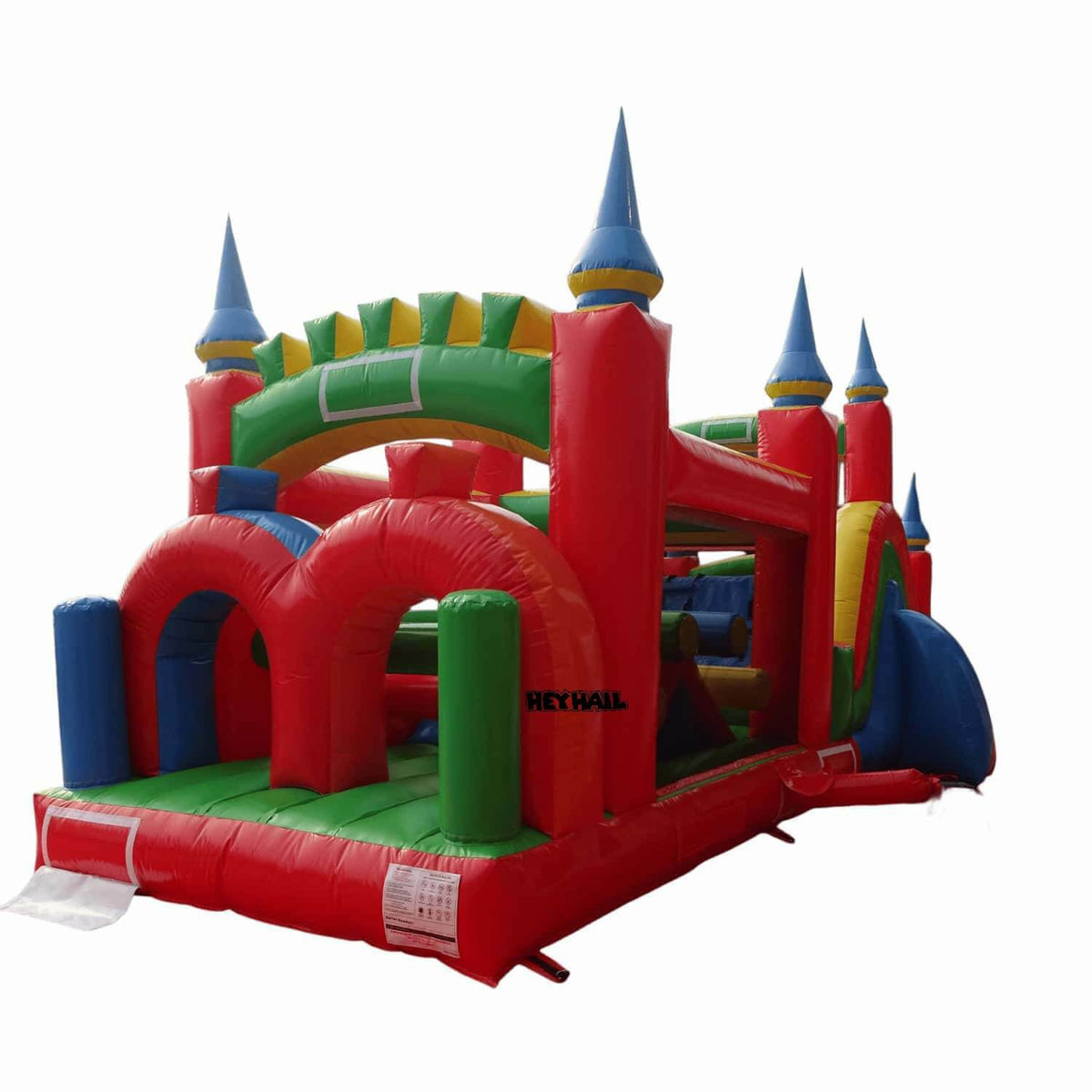 Side angle of castle-themed HEYHAIL inflatable obstacle course
