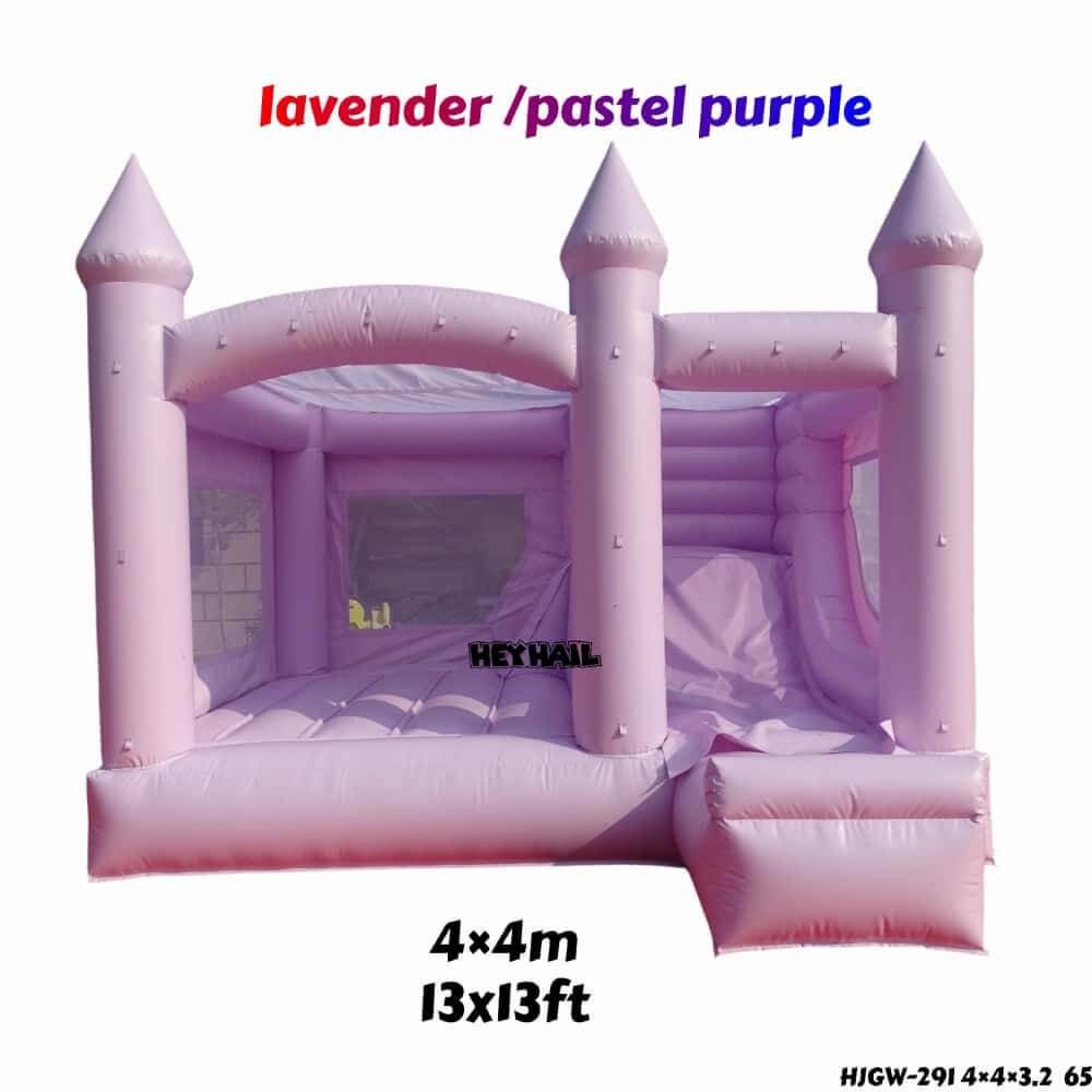 Lavender bounce house with slide specifications graphic showing 4 x 4 m footprint