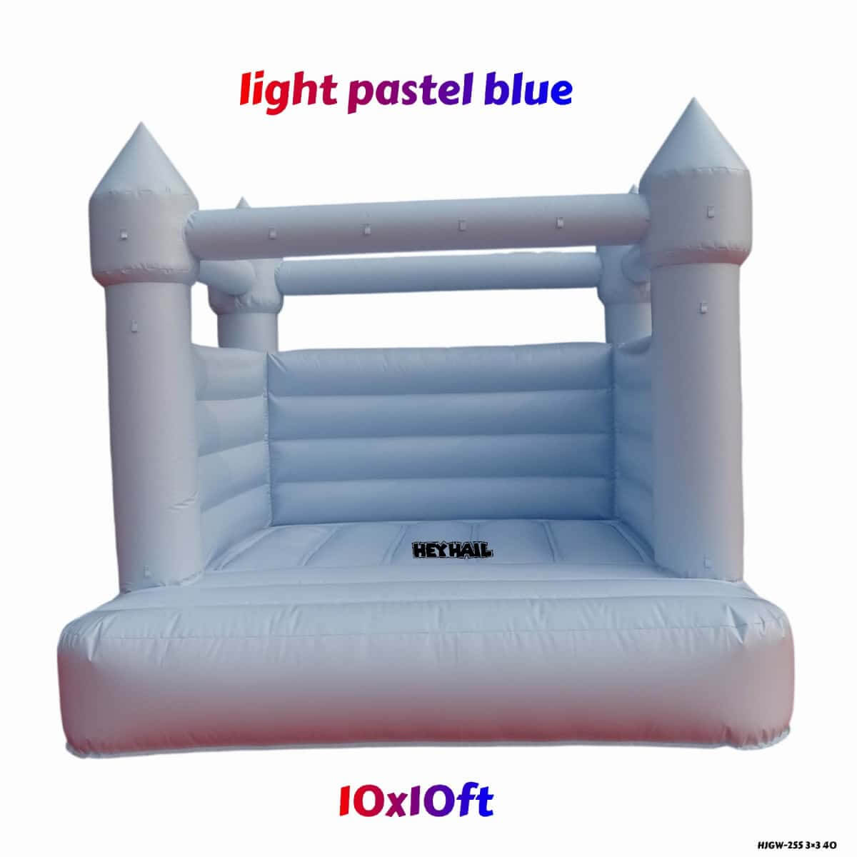Light pastel blue bounce house size view