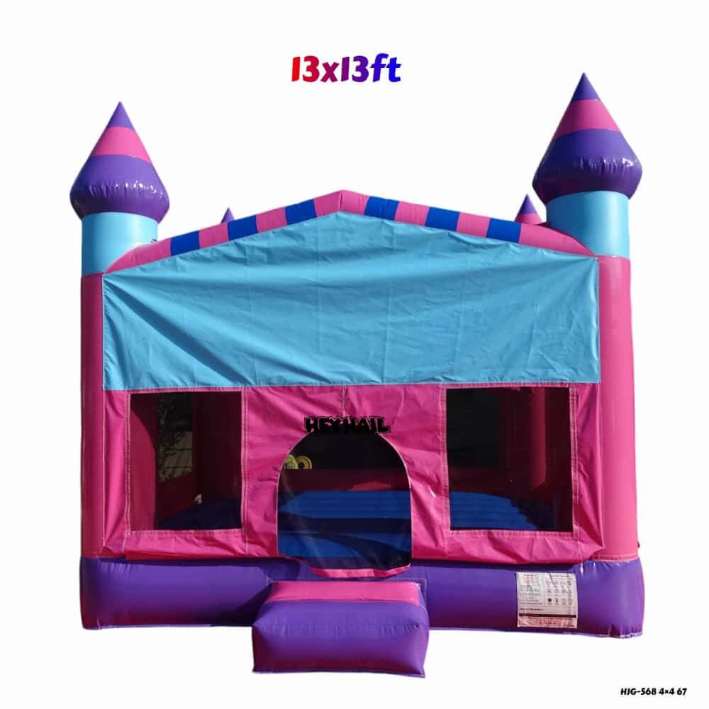 Pink 13 x 13 ft regular bounce house front view with dimensions