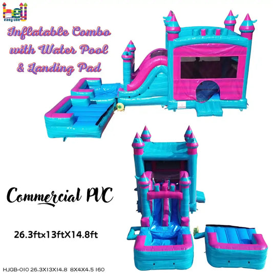 Product graphic showing a blue-and-pink inflatable castle combo with a slide, water pool, and detached landing pad