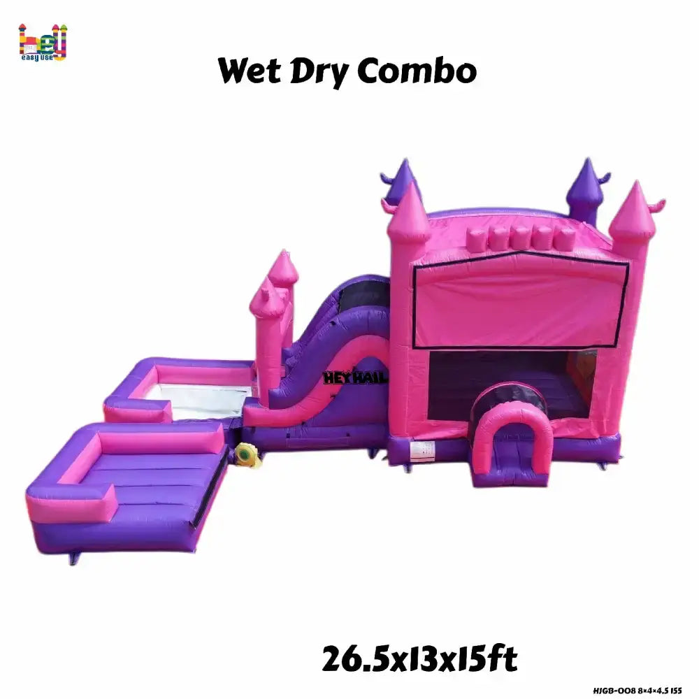 Product graphic of a pink and purple inflatable castle wet dry combo with a slide and two rectangular landing pools